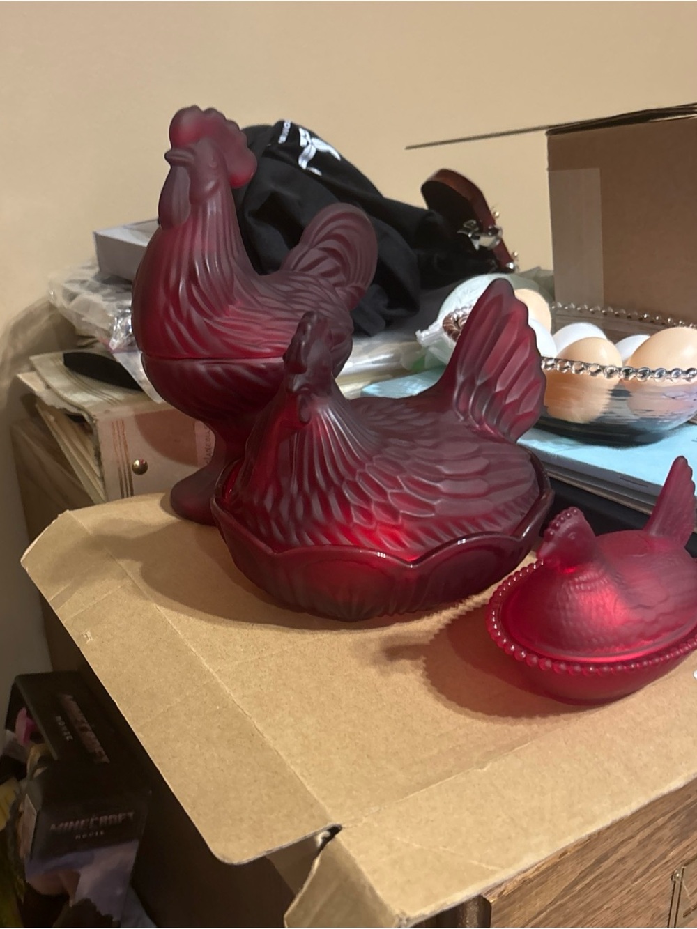 Red wine Glass 8 in & 5 in  Hens on Nest & 9 in rooster center glass downsizing